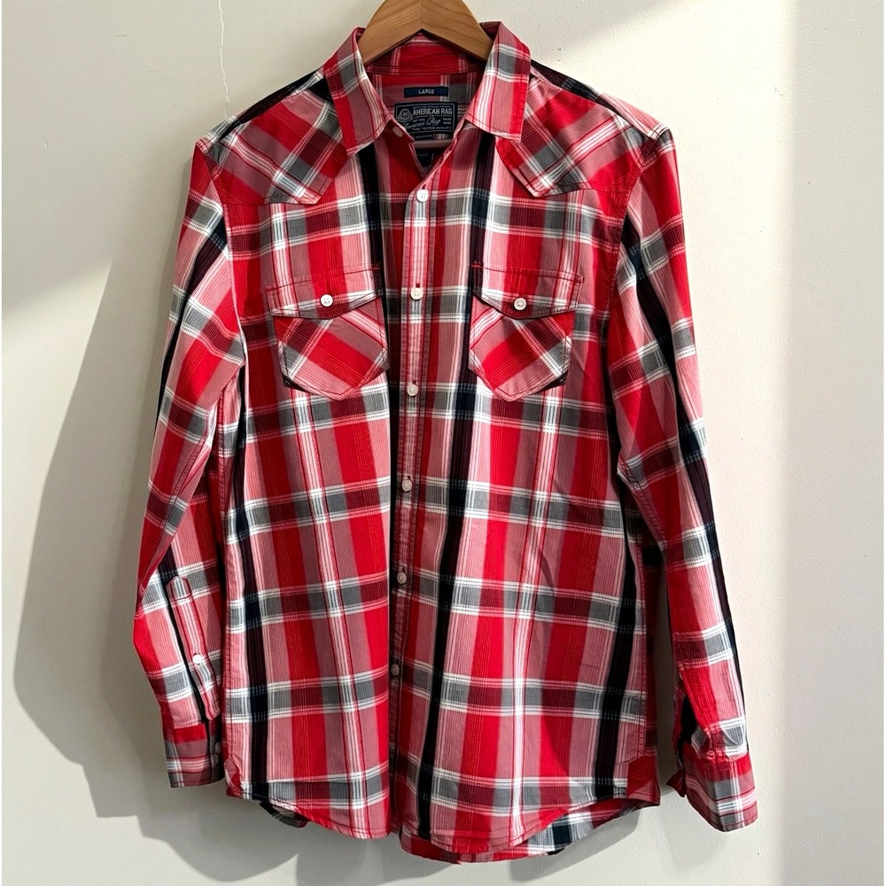 American Rag Cie Men's Large Red White Black Plaid Long Sleeve Button-Up